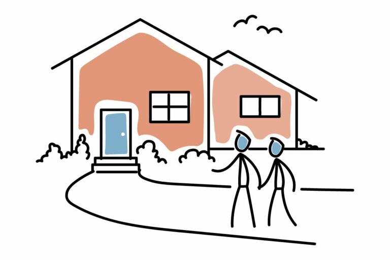 Illustration two people needing a mortgage in front of a house