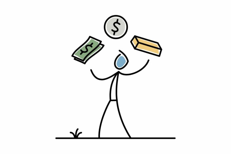 Person juggling money, gold, investments