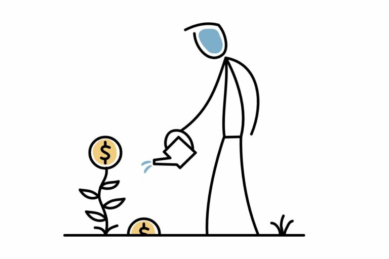 Illustration of a person watering a small money plant growing