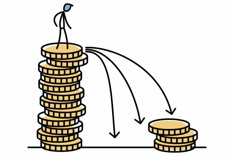 Illustration man on pile of money with choices of how the money goes down.